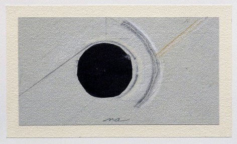 a small paper collage by Nicol Allan with a black circle centered on a field of gray, with darker gray lines surrounding it