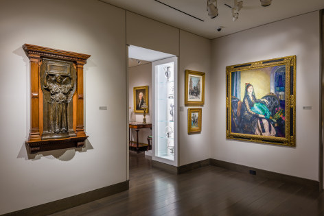 &quot;American Cornucopia.&quot; Installation view showing, from left to right, a bronze sculpture by Augustus Saint-Gaudens, a Gilbert Stuart portrait of George Washington, and a George Bellows portrait of Elizabeth Alexander.