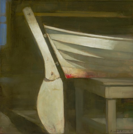 a painting by Randall Exon of a boat's white rudder, up on jacks, sitting in a boathouse