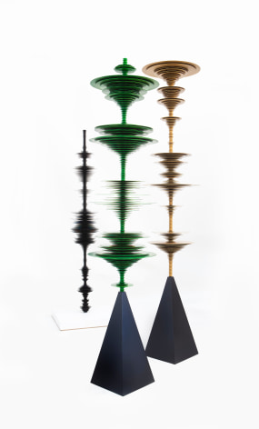sculptures by Elizabeth Turk of colored aluminum discs layered and arranged to resemble Modernist abstractions and a sound waves