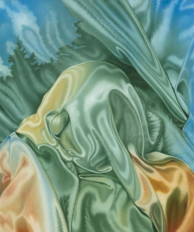 a painting by Jenny Morgan of a face hidden by silky fabric and landscape