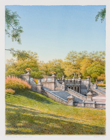 Frederick Brosen (b. 1954), "Bethesda Fountain Esplanade," 2024. Watercolor over graphite on paper, 18 1/4 x 14 in.