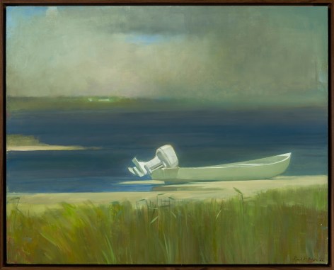 a painting by Randall Exon of a white motorboat moored on a sandy inlet