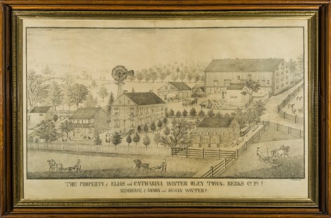 FERDINAND BRADER (1833&ndash;by 1901), &quot;The Property of Elias and Catharina Winter, Oleytown, Berks Co.,&quot; 1882. Pencil on paper, 31 1/2 x 51 1/2 in. Showing original wood frame.
