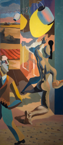 JAMES GUY (1909&ndash;1983), The Camouflage Man in a Landscape (A 6-panel Mural), 1939. Oil on Masonite, 83 x 216 in. Each panel, 83 x 36 in. Panel 3.