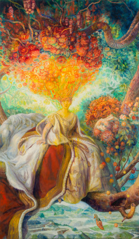 a painting by Julie Heffernan of a woman sitting in a tree over a river whose head is opening and expanding to show a mix of bodies, trees, and flowers