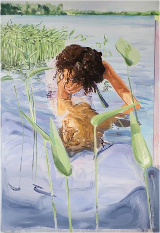 a painting by James Everett Stanley of a dark-skinned girl wading on her hands and knees in a marsh