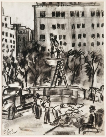 RUTH LIGHT BRAUN (1906&ndash;2003), &quot;Fifty-Ninth Street, Plaza Fountain,&quot; about 1929&ndash;29. Cont&eacute; crayon on paper, 11 x 8 1/2 in.