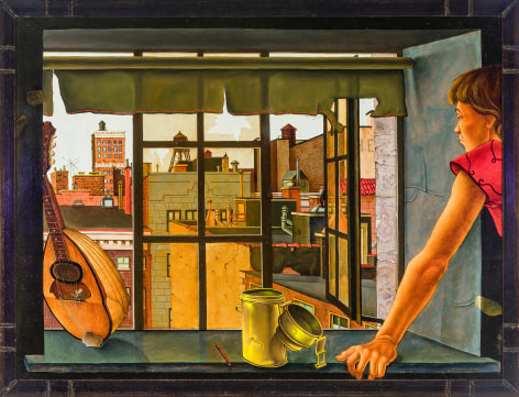 JULES KIRSCHENBAUM (1930&ndash;2000), &quot;Young Woman at a Window,&quot; about 1953. Oil on canvas, 30 1/8 x 40 1/4 in. With welded metal frame.