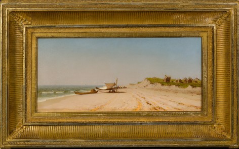 SANFORD ROBINSON GIFFORD (American, 1823&ndash;1880), &quot;Long Branch Beach,&quot; 1867. Oil on canvas, 9 x 19 1/2 in. Showing gilded cove frame.