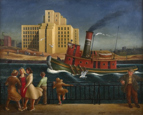 figures in landscape with buildings