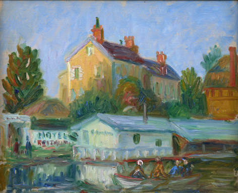 landscape with water and buildings