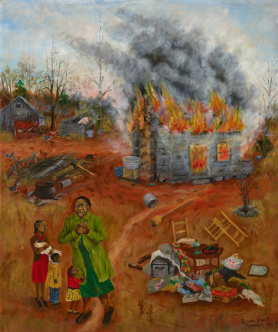 landscape with burning building and figures