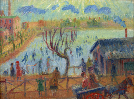 figures in landscape with buildings