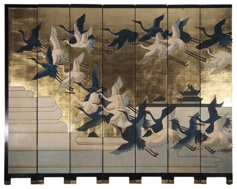 Twelve Panel Screen Depicting Birds in Flight
