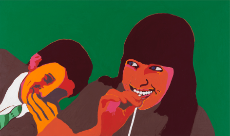 Green background with smiling woman in foreground with red skin drinking from a straw, and man with hand covering mouth to her left