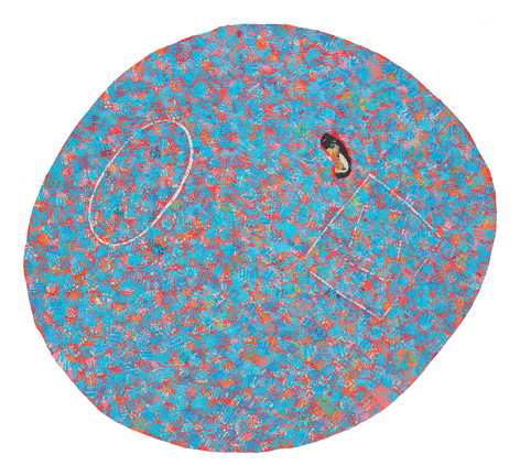 Blue and red paint on circular canvas