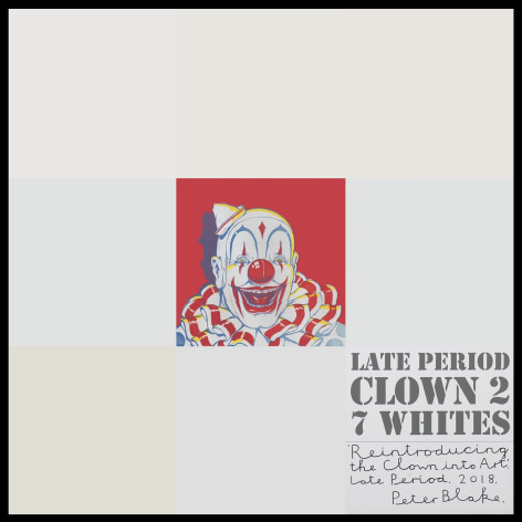 Late Period Clown #2: 7 Whites, 2018, Acrylic, enamel, and inkjet print on board