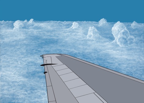 Blue sky with intricately rendered clouds, and gray, simplified airplane wing jutting out of lower right corner