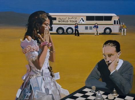 Woman standing with hands over mouth next to man sitting at Chess board, and a bus in background with text on side &quot;Marcel Duchamp World Tour&quot;