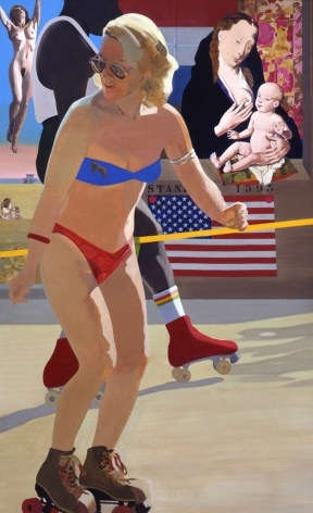 Picture of woman roller skating in a blue and red bikini, plus image of Madonna and child pasted on Upper Right corner