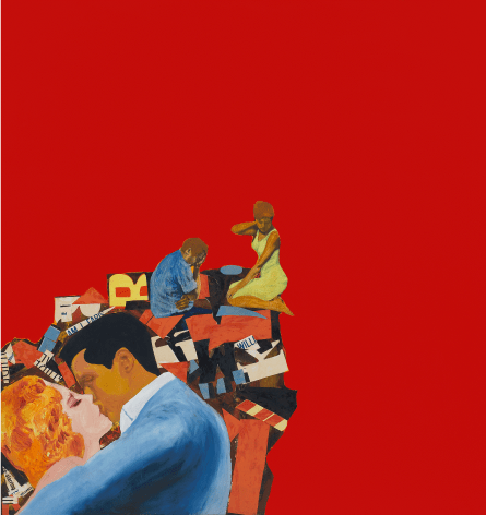 Bright red canvas with painted figures of man and woman kissing in lower left corner