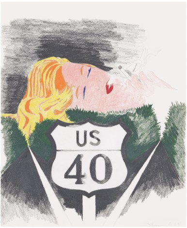 US Route 40 sign on road with woman smoking cigarette