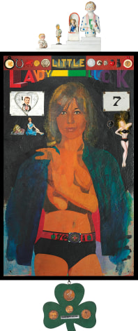 Woman wearing jacket and belted shorts with text &quot;Little Lady Luck&quot; across top, plus various figures and shapes above and below her