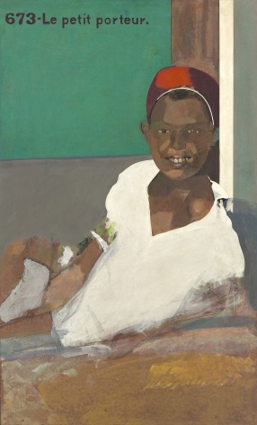 Smiling figure of child wearing white shirt and hat, with text &quot;673 - Le petit porter&quot; on upper left corner