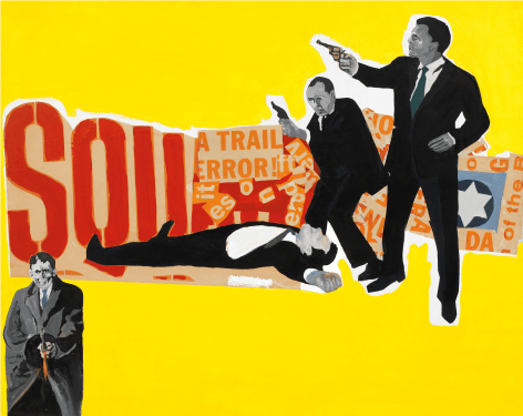 A bright yellow background with several figures wearing suits and guns, and graphic pasted words around them