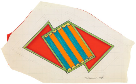 Geometric drawing with two red triangles and blue and orange striped rectangle