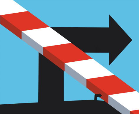 Two black right-turn arrows on light blue background with white and red striped diagonal