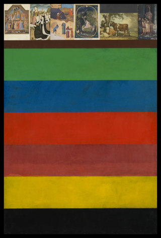 Vertical painting with pasted paintings and stripes of colors beneath