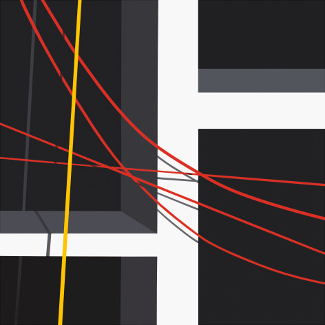 Black background with geometric white bars and yellow and red lines curving across