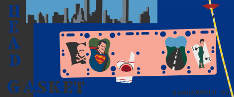 Blue and pink abstracted painting of cityscape, with image of cigarettes, skull and cross bones, superman, with text &quot;Head Gasket' on Left of canvas