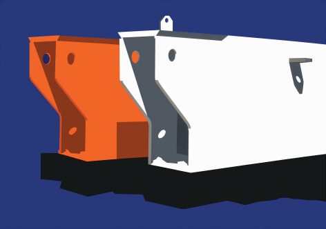 Blue background with orange and white mechanical forms