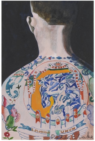 Man facing away from viewer with ornate, colorful upper back tattoo