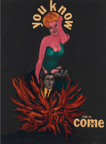 Painting of woman with &quot;you know&quot; written around her head, above the torso and head of a man wearing a suite, whose body is engulfed in flames