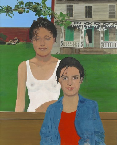 Two figures facing the viewer with green lawn and house in background