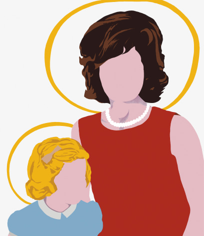 Woman and child without faces with yellow halos circling their heads