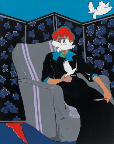 Woman sitting on gray couch against floral blue background, with doves flying across her face and body