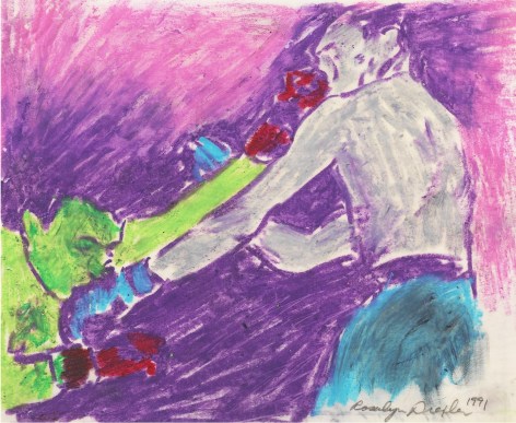 Pastel drawing of green colored boxing figure punching another figure in the face