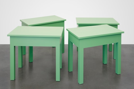 Four Green Tables (one to be used in my new home, one to be sold by a gallery and used as a table in the purchaser&#039;s home, one to be acquired by an Institution to be conserved in original condition, one to be donated anonymously to a thrift store), 2016, Enamel on eastern maple