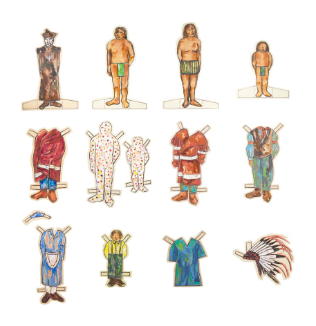 Paper Dolls for a Post-Columbian World, 2021, Acrylic, amber shellac, aluminum, paper, and wood