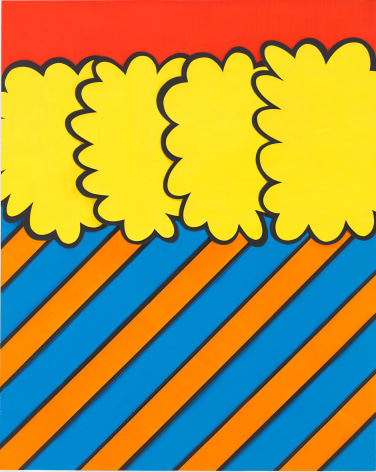Yellow cloud forms above blue and orange diagonal stripes