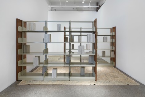 Samuel Levi Jones The Library of Alexandria, 2023 Pulped and cast encyclopedia pages, metal shelves Two bookshelves, each: 83 ⅛ x 109 &frac12; x 24 &frac12; in (211.1 x 278.1 x 62.2 cm) Books, each approximately: 9 x 11 x 2 in (22.9 x 27.9 x 5.1 cm) (GL16026)