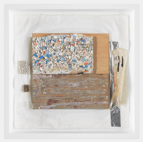 Leonardo Drew  Number 238, 2020  Paint, plaster, wood, paper and aluminum tape  24 x 24 x 2 inches (61 x 61 x 5.1 cm)  Framed: 26 x 26 x 3.75 inches (66 x 66 x 9.5 cm)  GL14354