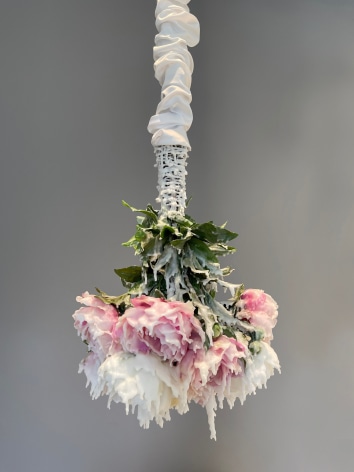 Petah Coyne Untitled #1529 (Ana), 2021 Specially-formulated wax, silk flowers, pigment, wire, jaw-to-jaw swivel, quick-link shackles, 5/16&quot; Grade 30 Proof coil chain, silk Duchesse satin, paper towels, Velcro, thread, plastic 24 x 14.5 x 14 inches (61 x 36.8 x 35.6 cm) (GL14995)