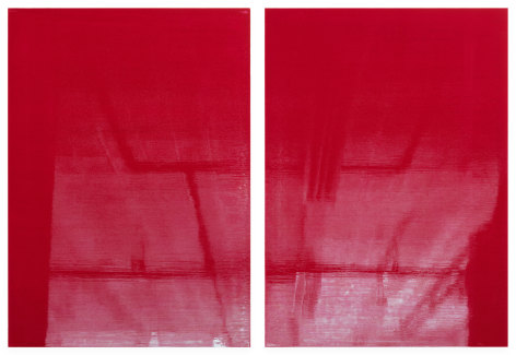 Kate Shepherd Crimson Lights Off, 2019 Enamel on panel Diptych; each: 42 x 30 inches (106.7 x 76.2 cm)  ​Overall: 42 x 60 inches (106.7 x 152.4 cm) GL14480 ​(Photographed with reflections)