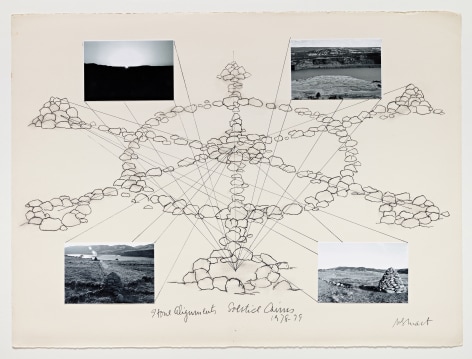 Michelle Stuart Stone Alignments/Solstice Cairns, 1978-79 Charcoal, black and white photographs 22.25 x 30 inches (56.5 x 76.2 cm) Framed: 25 x 32 5/8 x 1 1/2 in (63.5 x 82.9 x 3.8 cm) (GL15022)
